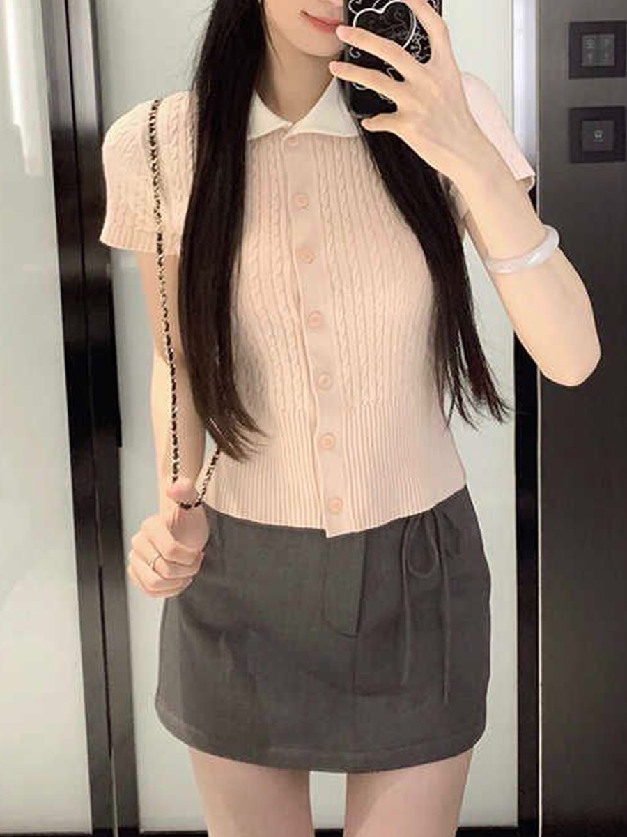 French Sweet Pink Doll Collar Sweater Short-Sleeved Women's Summer Gentle Style Fashionable and Versatile Niche Top