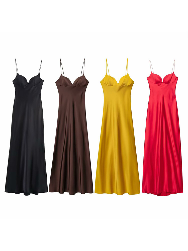 2025 New Summer Women's Fashion Elegant Heart-Shaped Collar Multi-Color Silk Satin Texture Spaghetti Strap Long Dress