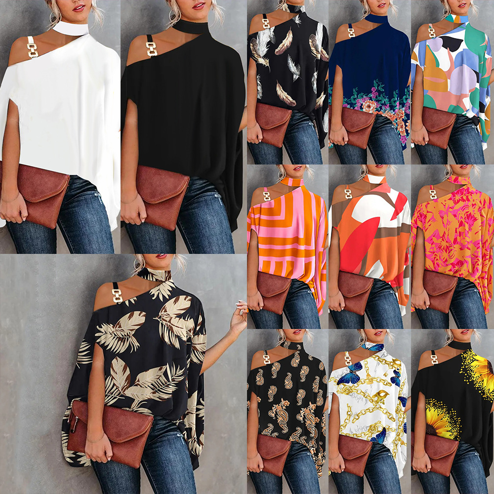 Cross-Border 2022 Summer New Amazon Wish European and American Clothing Printed Sexy Slant Collar Loose Top M10056