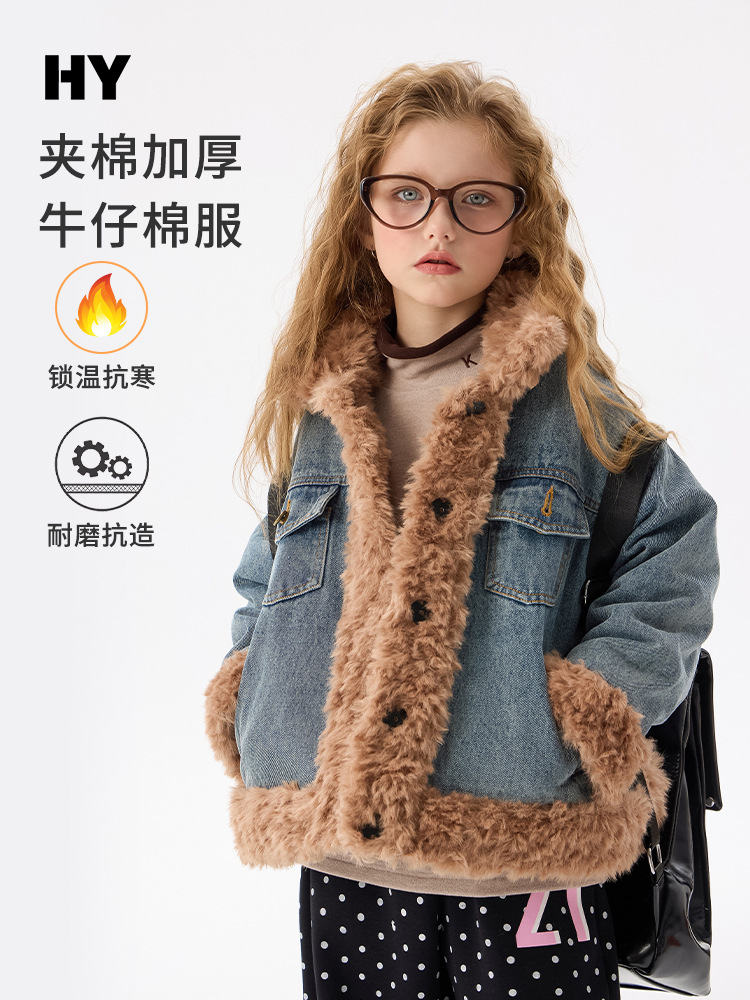 Children's Denim Fleece Jacket 2026 Winter New Style Girls' Korean Version Thickened Coat for Older Kids Lamb Fleece Winter Wear