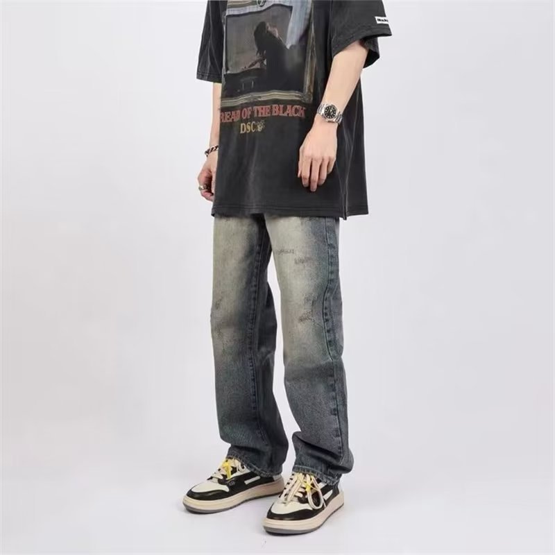 Hip hop vintage jeans men's autumn and winter washed distressed ripped straight pants vibe fashion brand heavy loose trousers