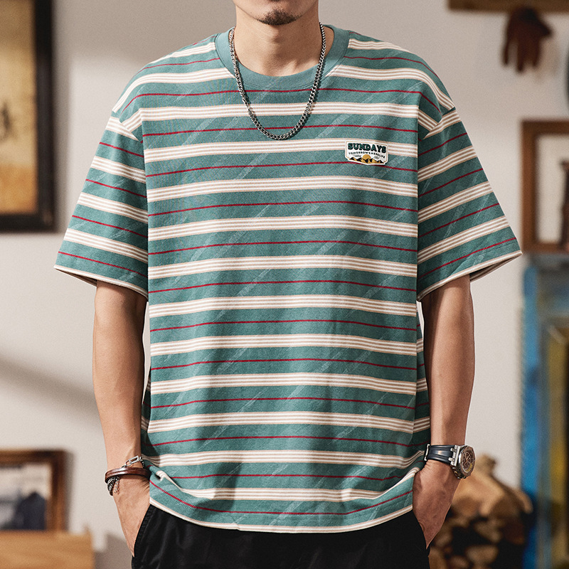 260g Heavy Color-block Striped Short-sleeved T-shirt Men's Summer Fashion Brand Loose American Cotton Half-sleeved Crewneck T-shirt