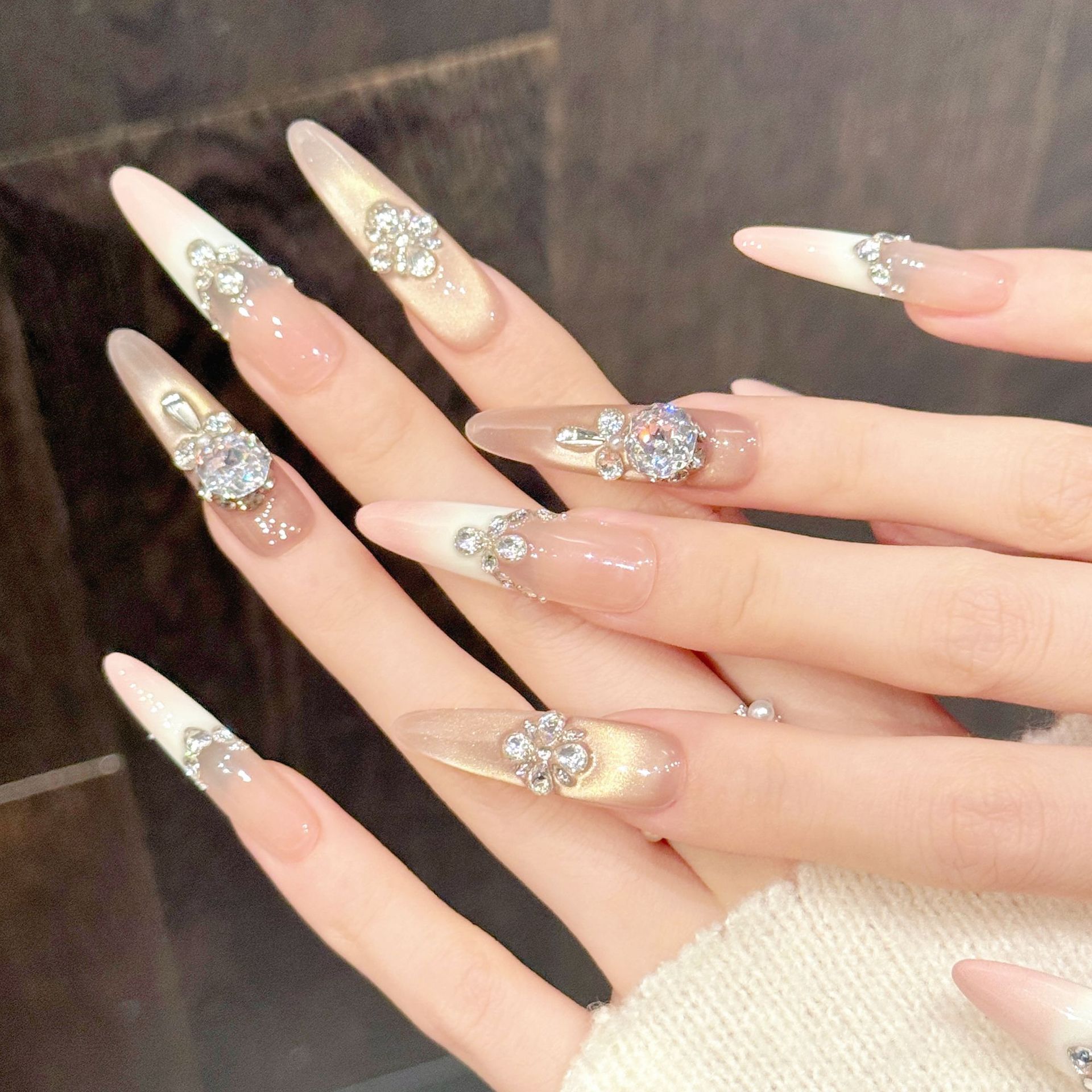 Rikaman Original [Thrive] Pink Gold Gradient Wearable Nails Luxurious Diamond Decoration Long Style Whitening Manicure