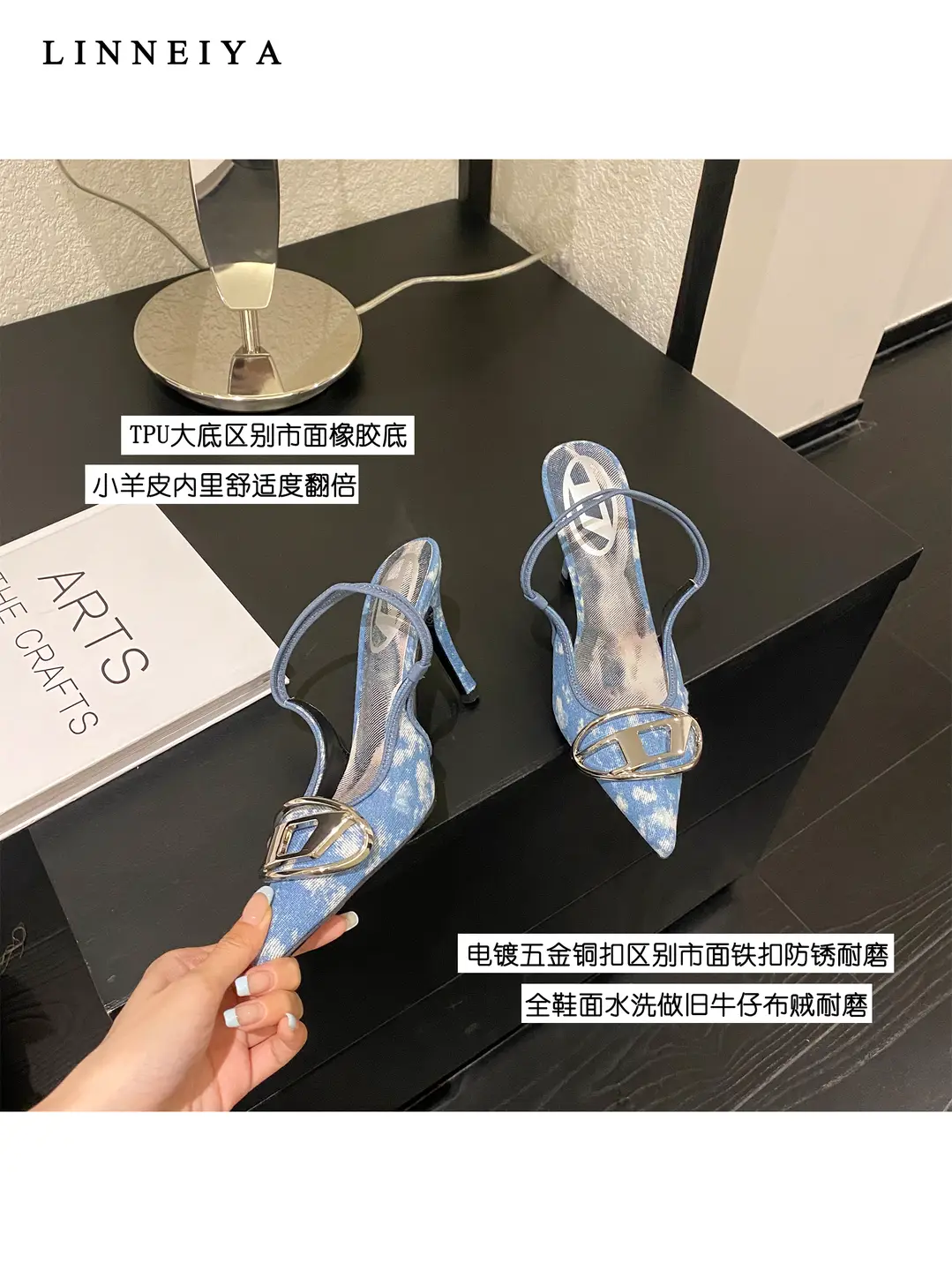 Lin Nia Flats Women's 2025 New arrival Metal Buckle Denim High Heels Baotou Back Strap High Heel Sandals