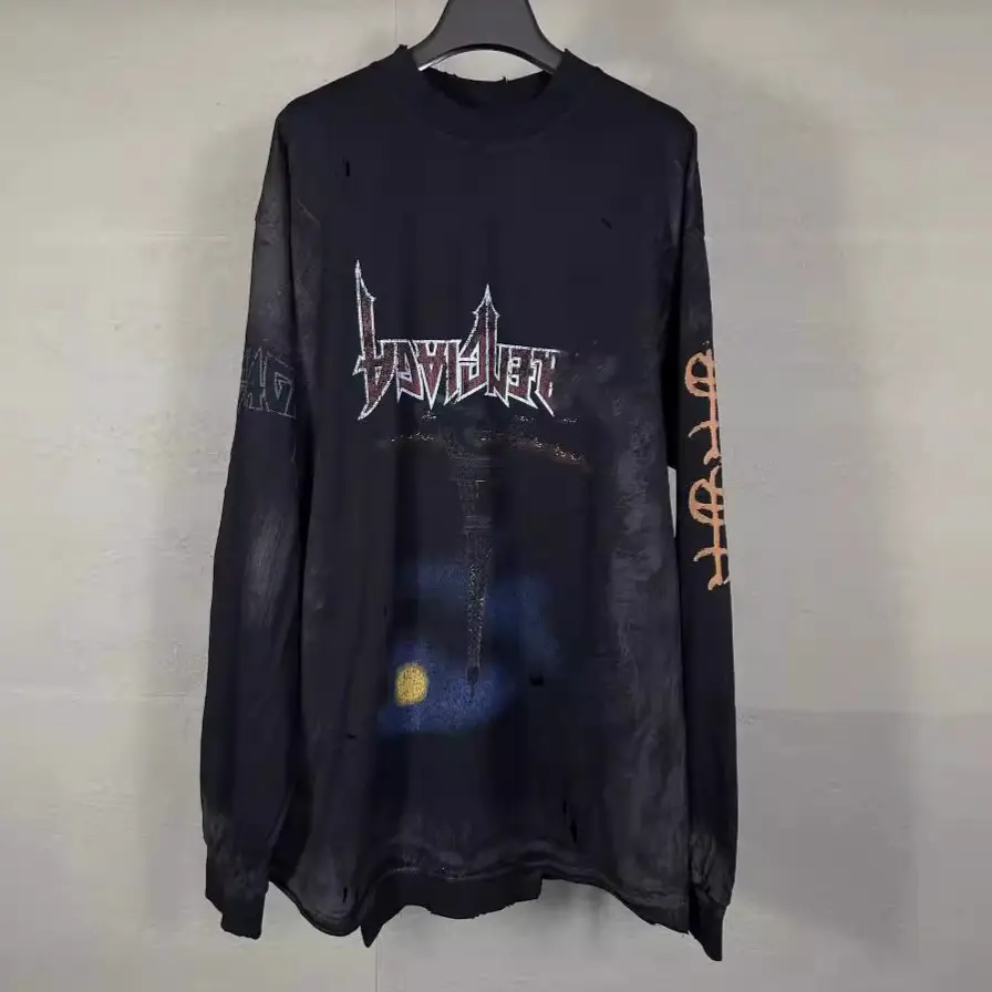 Paris high version 2024 model inverted tower inkjet graffiti hand-painted gradient color printing washed and aged vandalism long sleeve