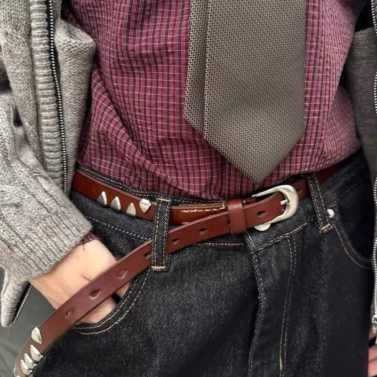 Our Legacy Style Dark Brown Handmade Inlaid Rivet Belt Head Layer Cowhide Needle Buckle Belt Unisex