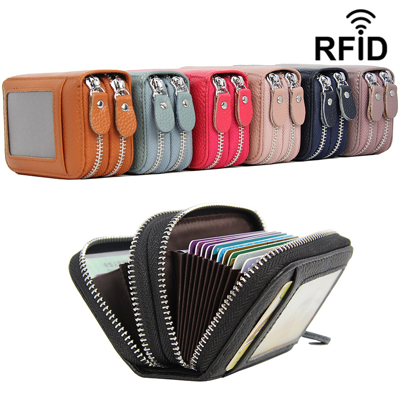 First layer cowhide RFID anti-theft brush genuine leather organ card holder multi-card large capacity double zipper coin purse ID bag