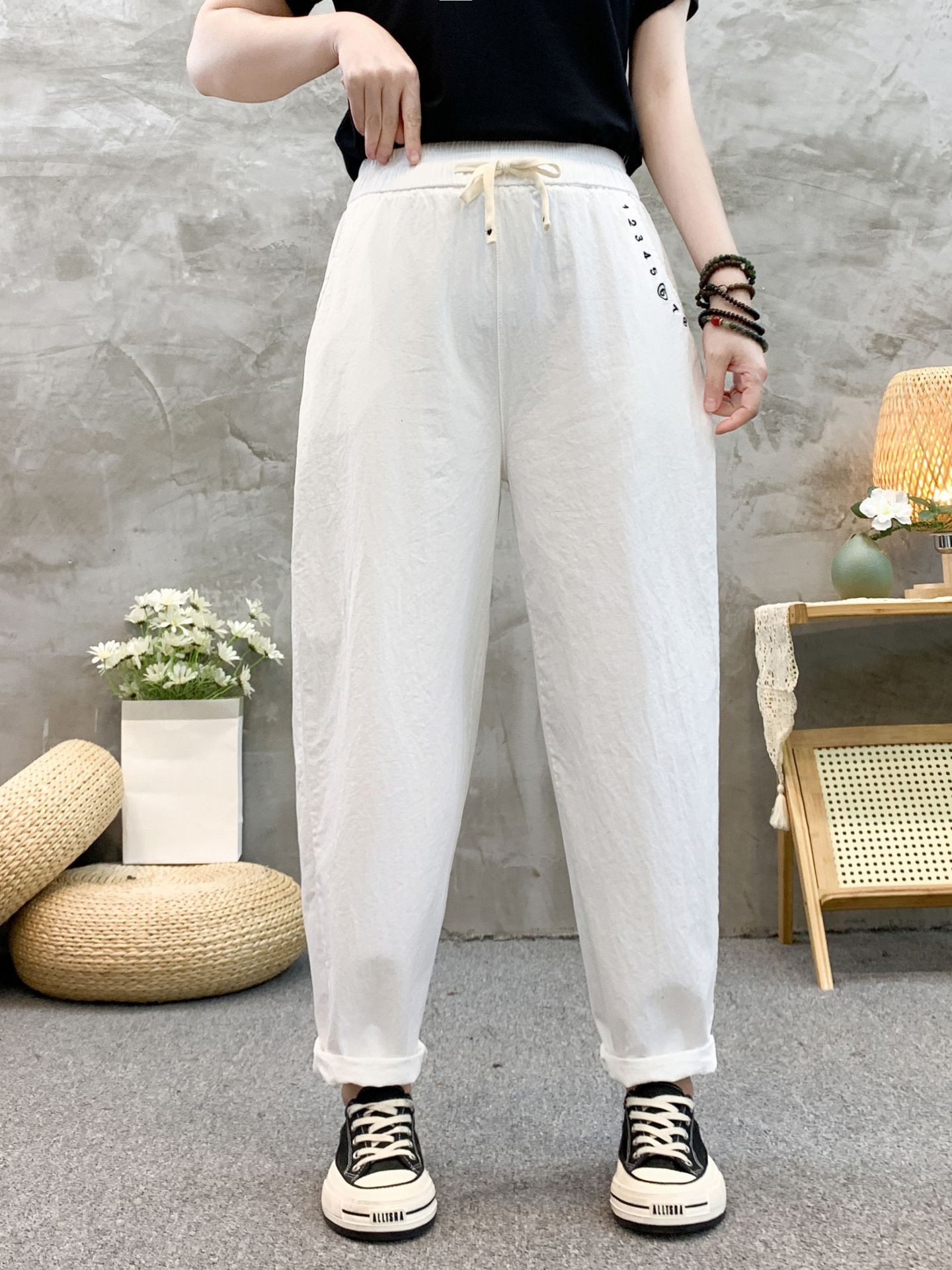 2024 new washed cotton casual pants women's summer loose plus size sports radish pants white elastic waist harem pants