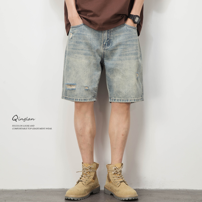 Light-colored Ripped Denim Shorts Men's Trendy Brand Loose Large Size American Style Retro Washed Casual Cropped Pants Summer