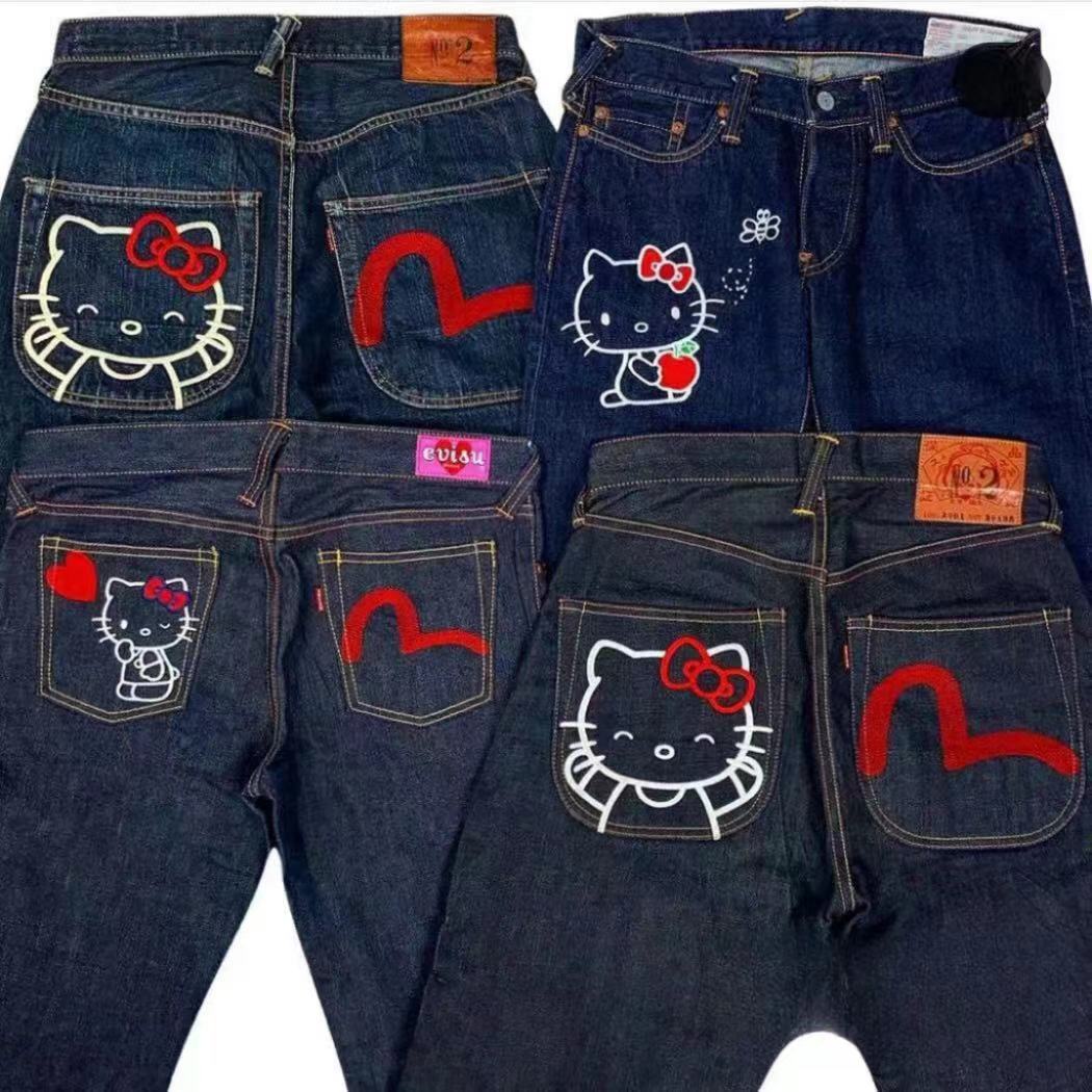 2026 American Hip-Hop Trendy High Street Brand Hellokitty Hello Kitty Printed Jeans Loose Straight Pants