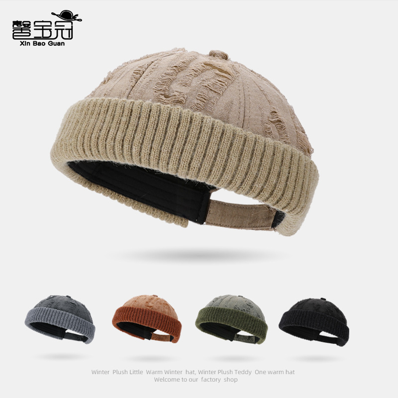 Personalized Ripped Retro Knitted Hat, Neutral Autumn and Winter Warm Baotou Hat for Women, Versatile Korean Hip-Hop Melon Skin Hat