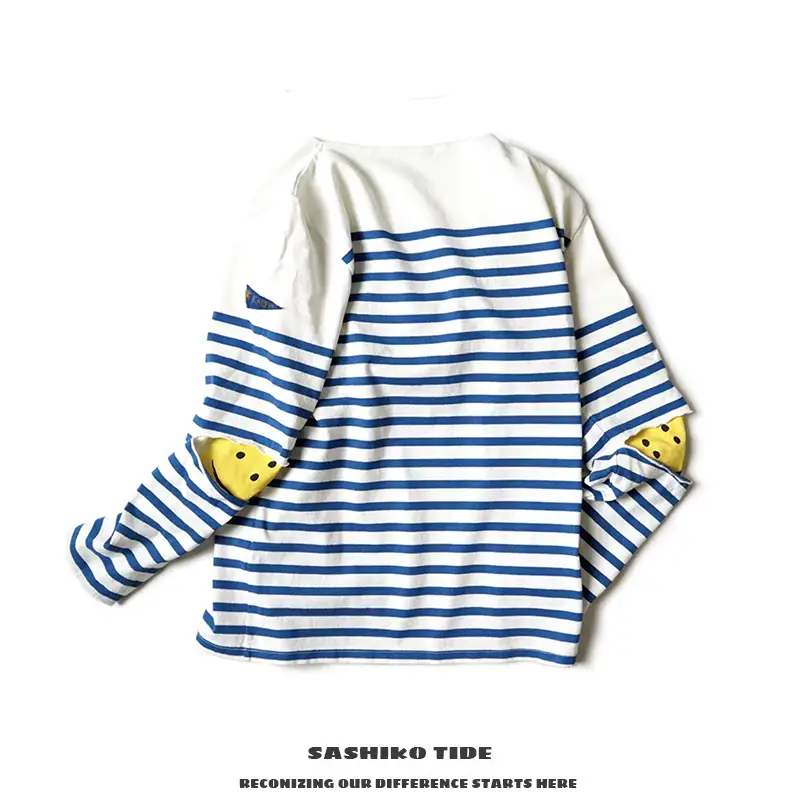 22Aw Kapital Hirata Kazuhiro Pure Cotton Loose Blue and White Striped Three-Flag Long-Sleeve Smiley Face Patchwork Base Shirt