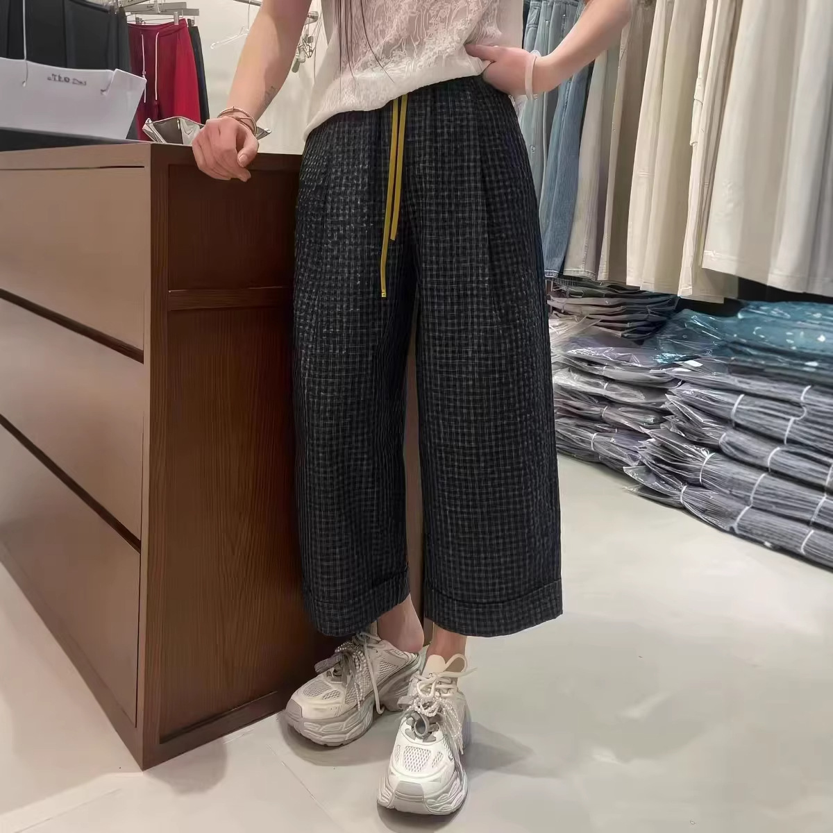 Nanyou 2026 Spring/Summer New Elastic Waist Drawstring Straight Plaid Casual Pants Women's Wide-Leg Pants Long Pants Nine-Quarter Pants