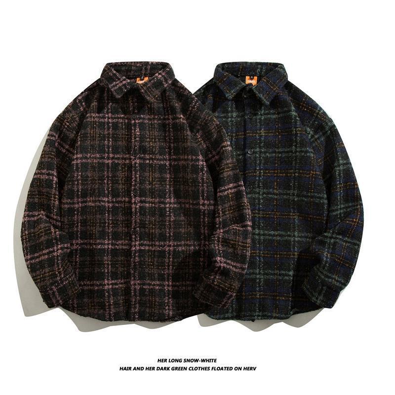Japanese Retro Woolen Trendy Brand Plaid Shirt for Men, Long-Sleeved Autumn and Winter Korean Style Trendy Couple's Versatile Casual Jacket