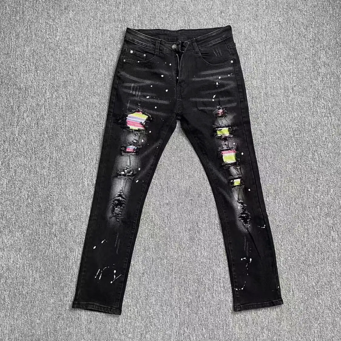Am Style Hot Straight Leg Skinny Pash Ink Jeans Washed Men's and Women's Red Tide Ripped High Street Skinny Handsome Slim Skinny Pants
