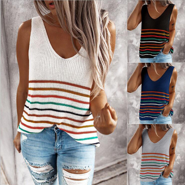 2025 Amazon Cross-Border New European and American Sweater Knitted Vest T-Shirt Women's Stripesd V Neck Pullover Women's Top
