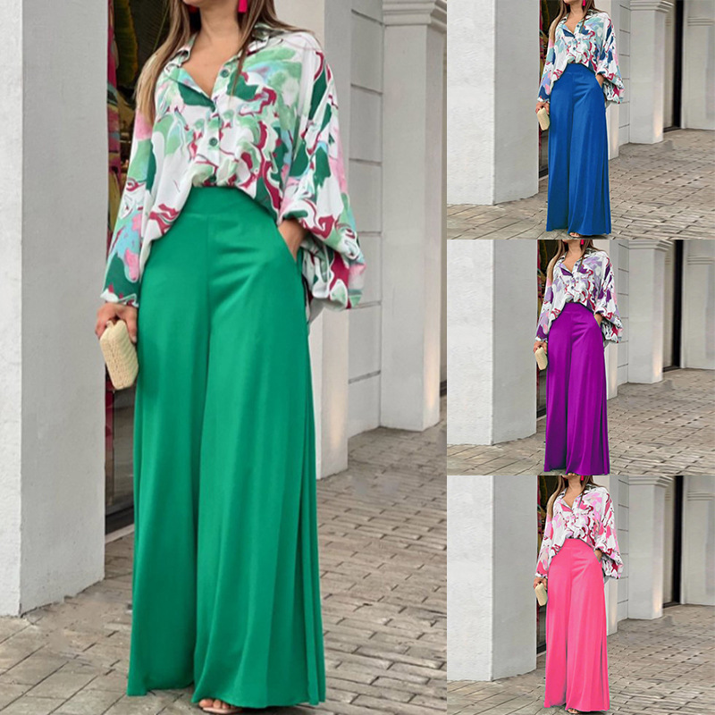 Southeast Asia Autumn Women's New Printed Casual Suit Loose Large Size Lapel Shirt High Waist Wide Leg Pants Two-piece Set