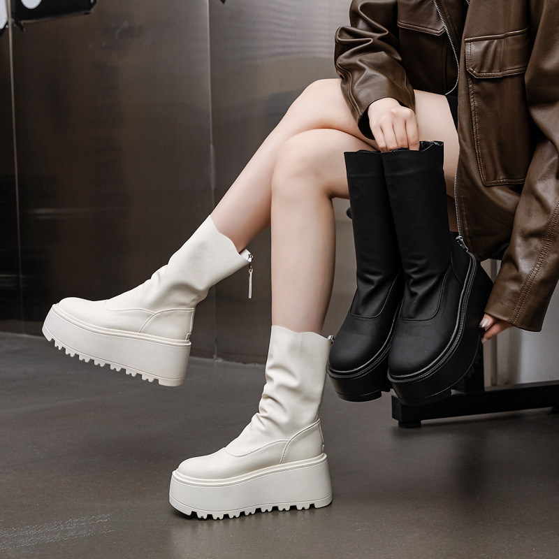 Short Boots British Style Women's 2026 Autumn and Winter New Solid Color Simple Boots Versatile Fashion Thick-Soled Stretch Slim Boots