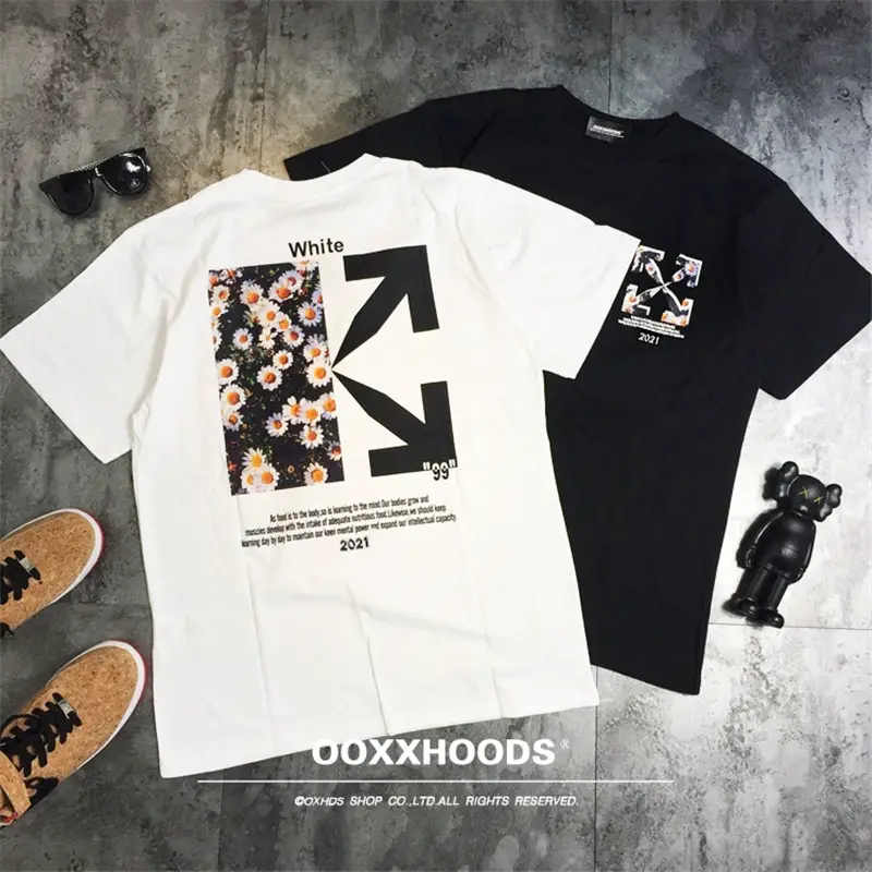 ins European and American Style Trendy Patchwork Daisy Geometric Arrow Couple Loose Oversized Boyfriend Bf Short-Sleeve T-Shirt