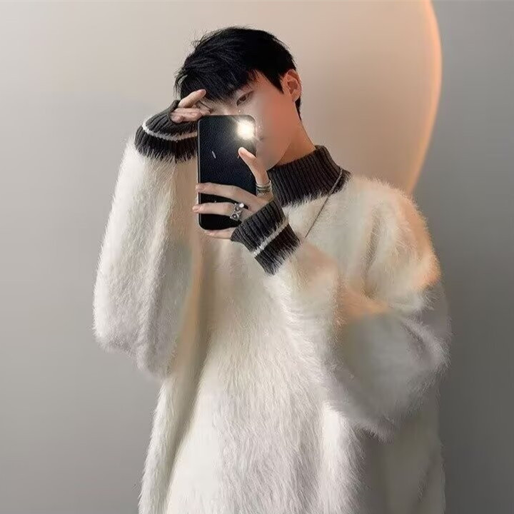 Color-block Half-turtleneck Sweater Men's Autumn and Winter Loose Fashion Brand Korean Style Mohair Knitted Sweater Winter Japanese Style Vintage Jacket