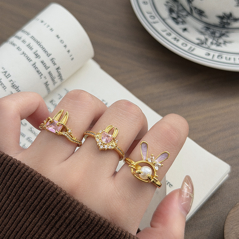 Sweet and Cute Golden Rabbit Pearl Pink Zircon Enamel Open Ring, Delicate and Fresh Style Stackable Ring