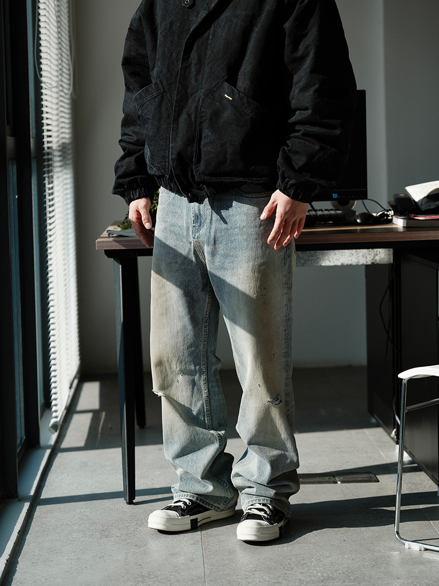 Trs Men's Wear丨24Aw Autumn Loose Baggy Retro Distressed Oil Destroyed Washed Micro-Large Denim Trousers for Men