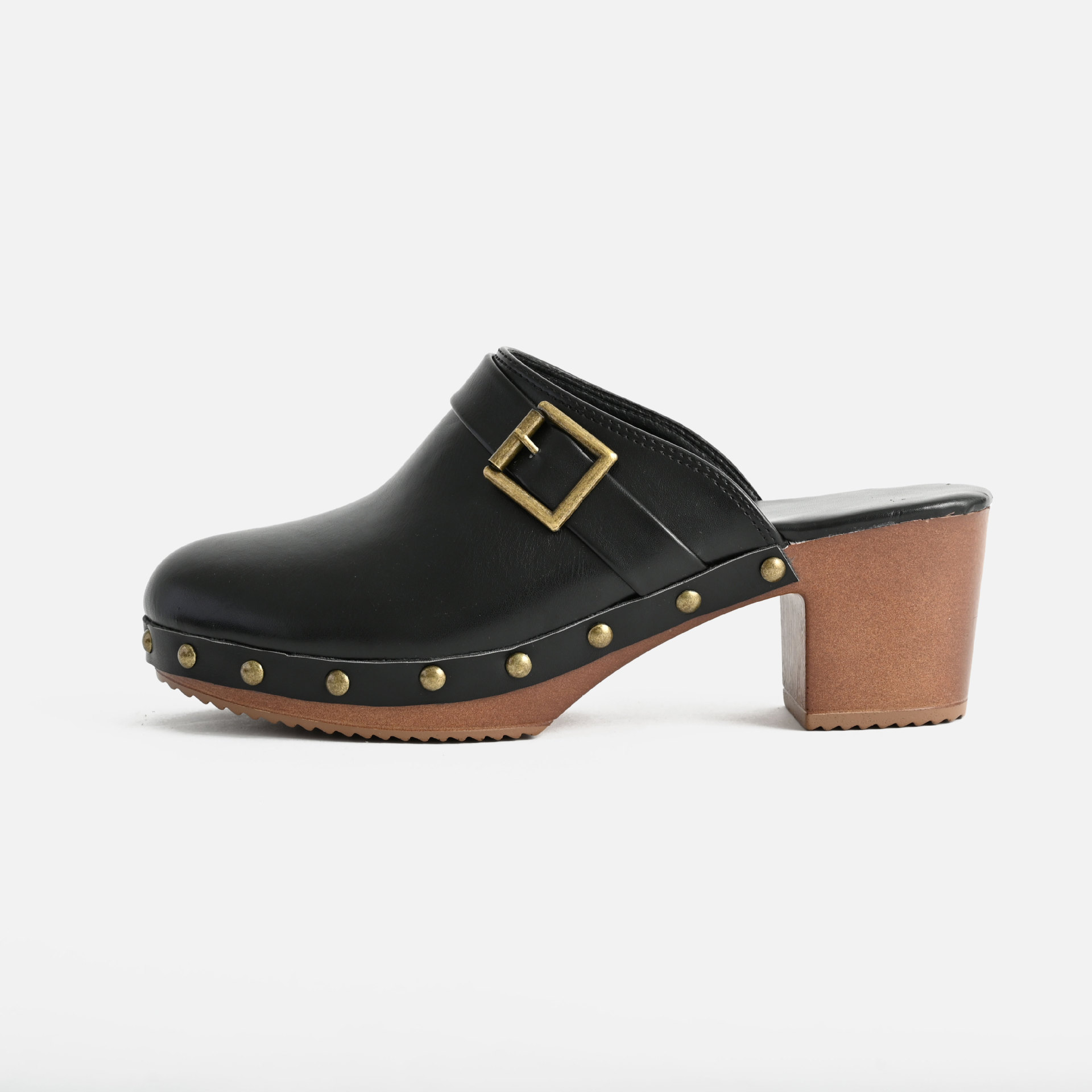 European and American New 2024 Summer Pu Half-Trail Thick-Soled Retro Two-Color Rivet Toe Thick-Heeled Muller Slippers for Women
