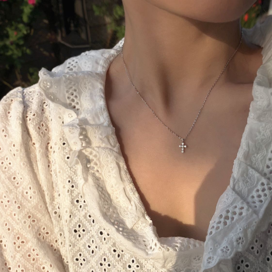 Mini Cross Necklace Women's Korean-style 925 Sterling Silver Diamond-encrusted Small Internet Celebrity INS Clavicle Chain Short 7879