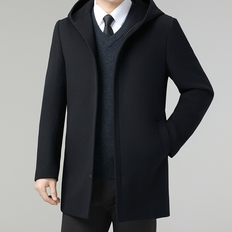 High-End Double-Sided Woolen Hooded Coat, Light and Fashionable, Simple and Casual, Men's Woolen Coat for Middle-Aged Dads