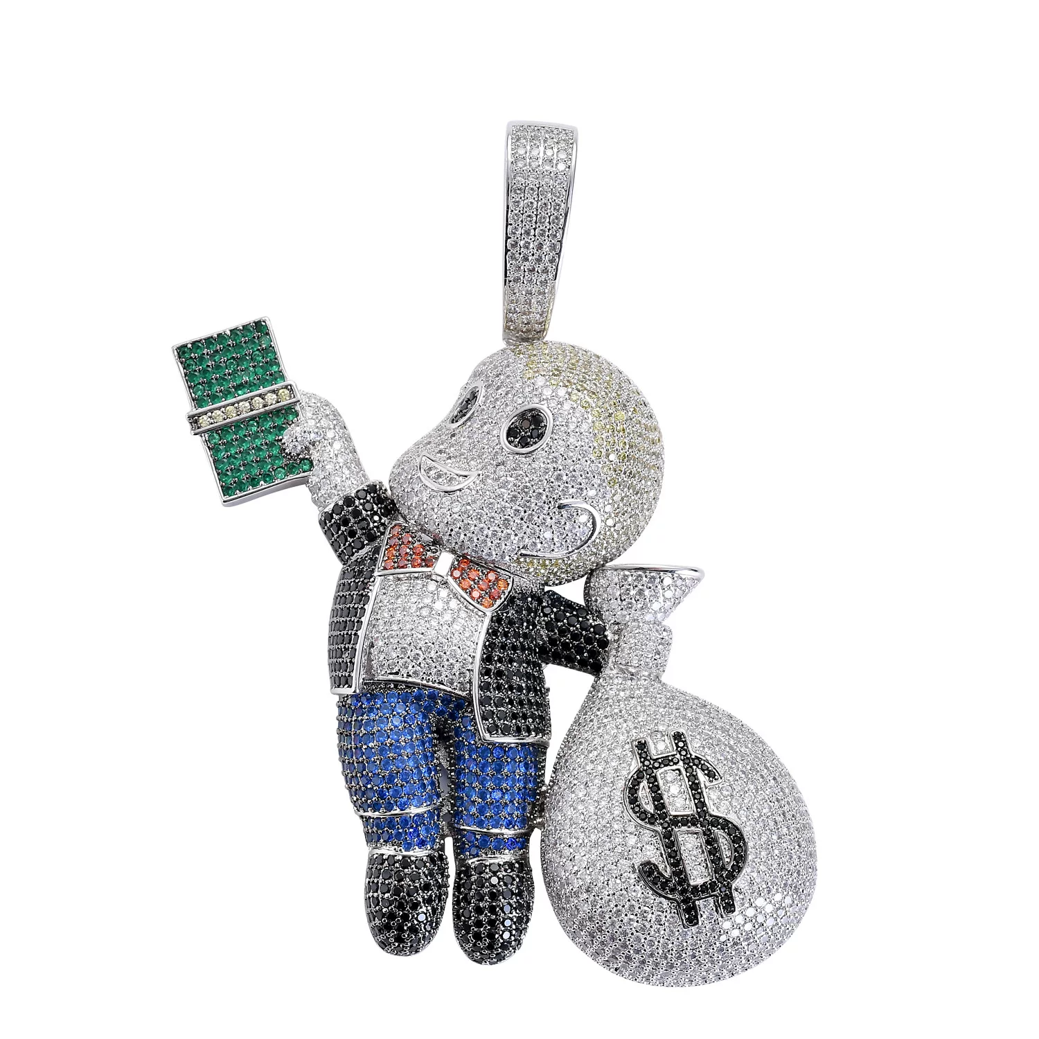 New European and American Hip-Hop Necklace with Copper Inlaid Zircon, Bald Cartoon Character Holding Money Bag, Large Pendant, Hip-Hop Jewelry Trend Foto QC de TAOBAO na Qualit.ly