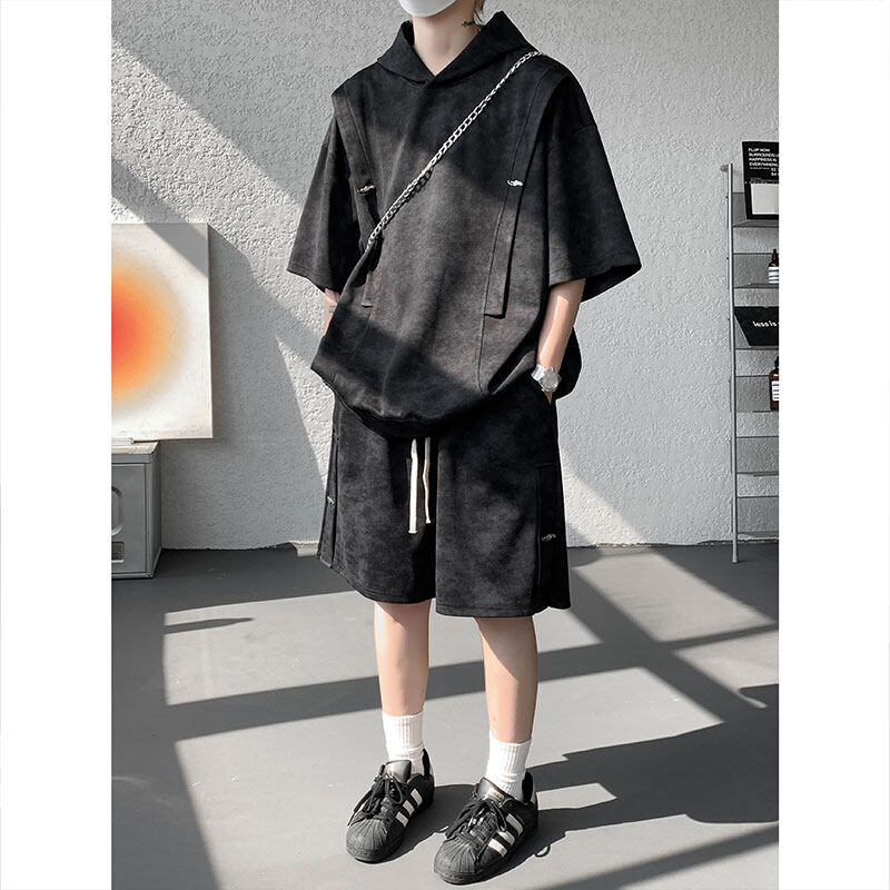 Gaipin American Tie-Dye Short-Sleeved Shorts Two-Piece Set Men's Summer Hooded T-Shirt Trendy Brand Loose plus size Casual suit