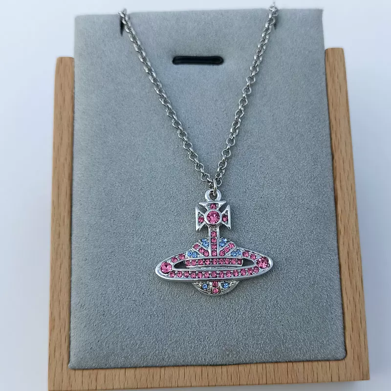 European and American Fashion Silver Pink Diamond Saturn Necklace