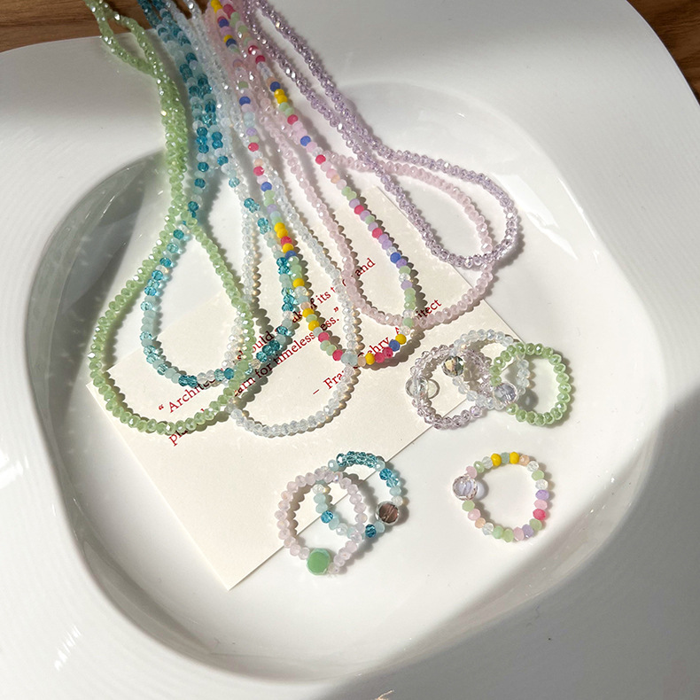 Colorful Crystal Necklace Women's Summer Light Luxury Niche Design Sense Mori Fairy Neck Chain Collarbone Chain Beaded Ring