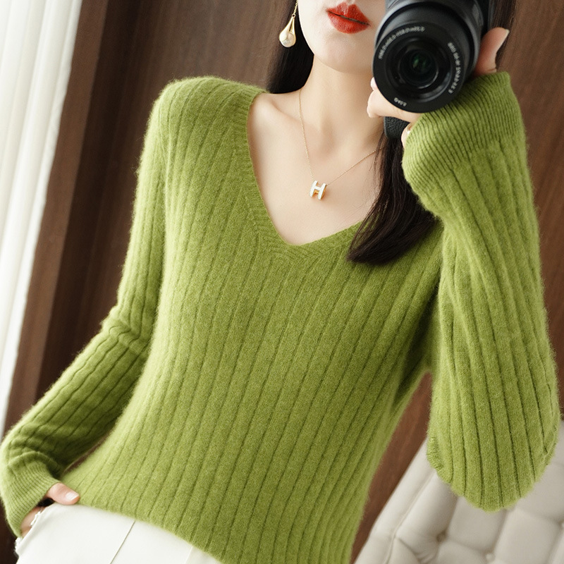 Autumn and Winter New V Neck Striped Long-Sleeved Slim Knitwear Women's Knitwear Versatile Pullover Bottoming Shirt Top