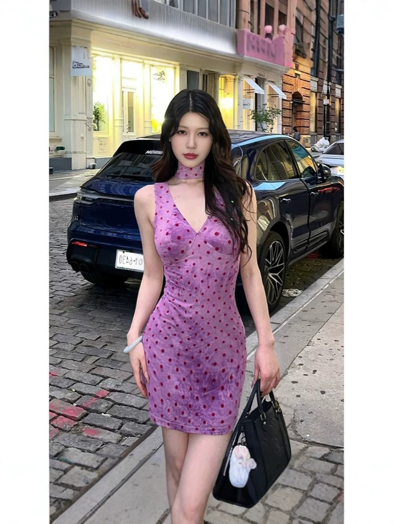 New Cross-Border Women's Fashion with Lining, Spicy Girl Style Mesh Polka Dot Tie-Dye Cinched Waist Dress, Halter Neck Slim Fit Short Dress
