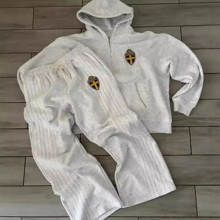秋冬刺绣连帽卫衣套装美式休闲运动卫裤宽松灰色开衫潮牌新款D