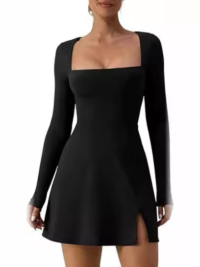 Cross-Border European and American Long-Sleeved Dress for Women in Autumn, Hot Girl Square Collar Slim Skirt, Amazon Women's Lady Style Clothing