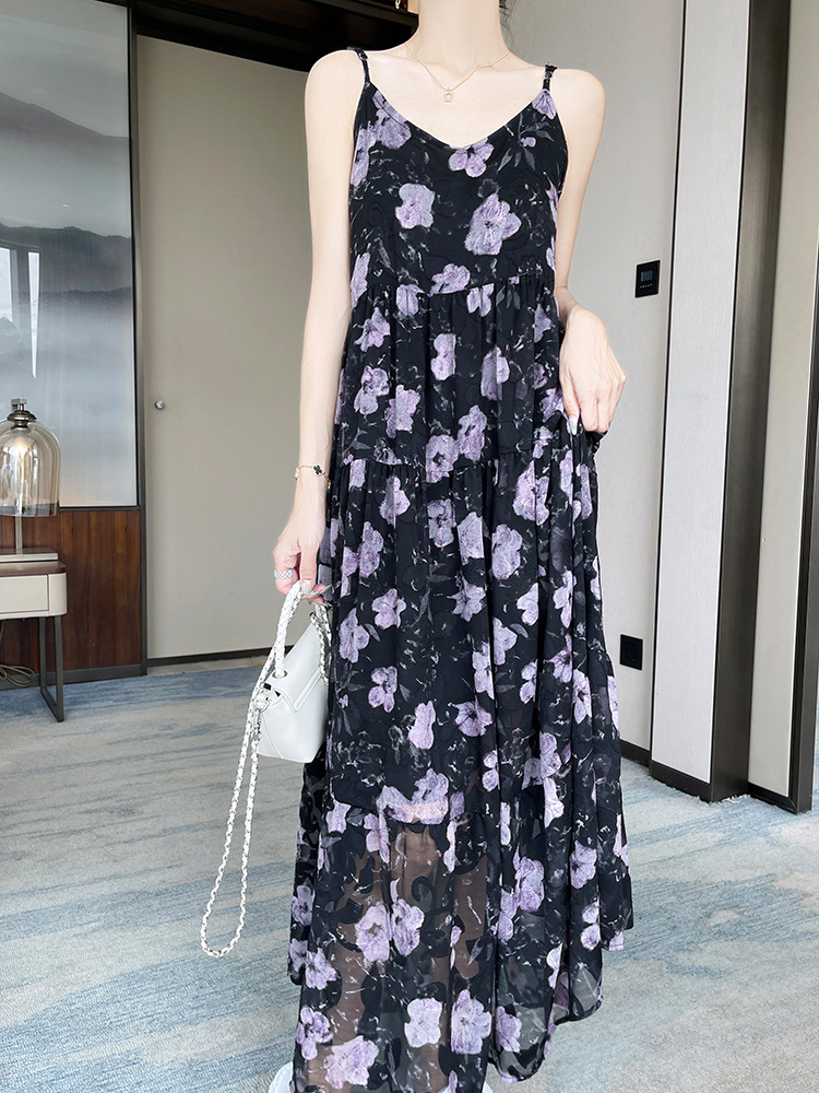 Summer Slip Dress for Women, Chiffon Floral Cut-Out Slip Dress, New Style Waist-Cinching Elegant Sleeveless Floral Mid-Length Dress