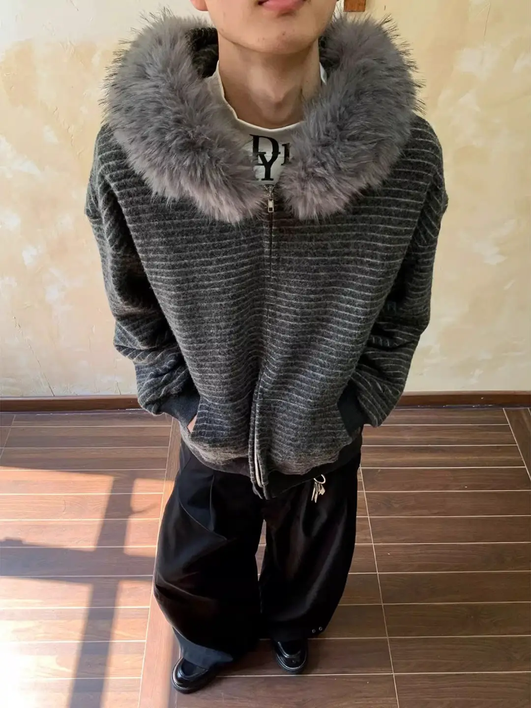American Retro Striped Fur Collar Jacket for Men, Autumn, Cool and Stylish, High-End Hooded Cardigan, Cleanfit Knit Sweatshirt