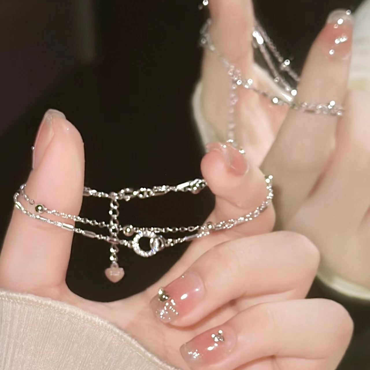 Silver Interlocking Geometric Bracelet, Light Luxury, High-End Fashion, Niche Design, Double-Layered Stacking Jewelry Wholesale