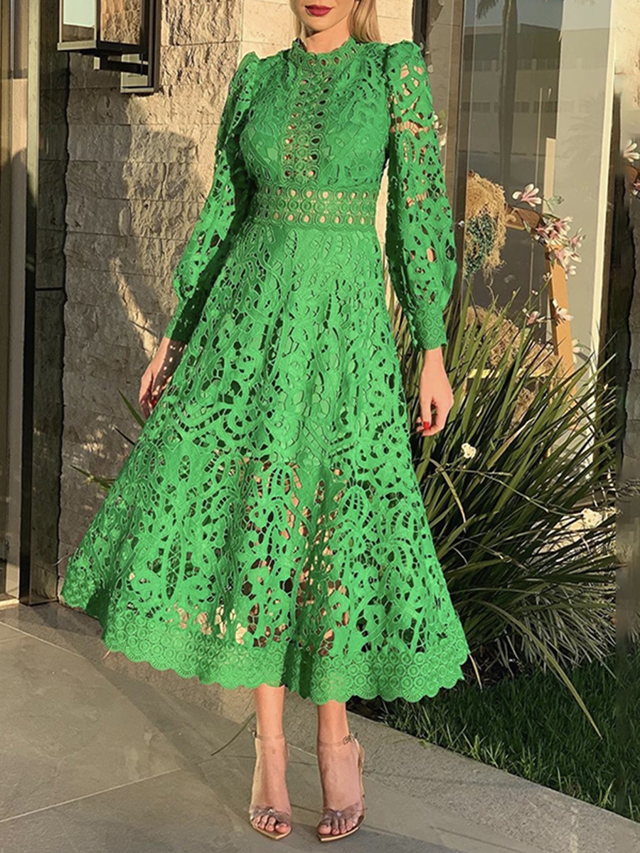 French Socialite Long-Sleeved Dress for Women 2026 Summer New Fashion Style Waist-Cinching Embroidered Mid-Length Green Skirt