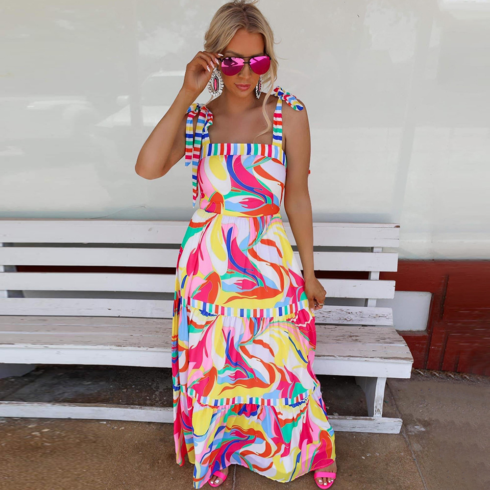 Cross-border 2022 summer new Amazon European and American holiday printing strap stitching large pendulum dress OM10120
