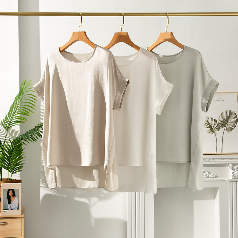 2024 Summer New Sand Washed Silk Short Sleeve T-Shirt Women's Solid Color Mulberry Silk Casual Top Loose Women's Clothing Easiest for Match