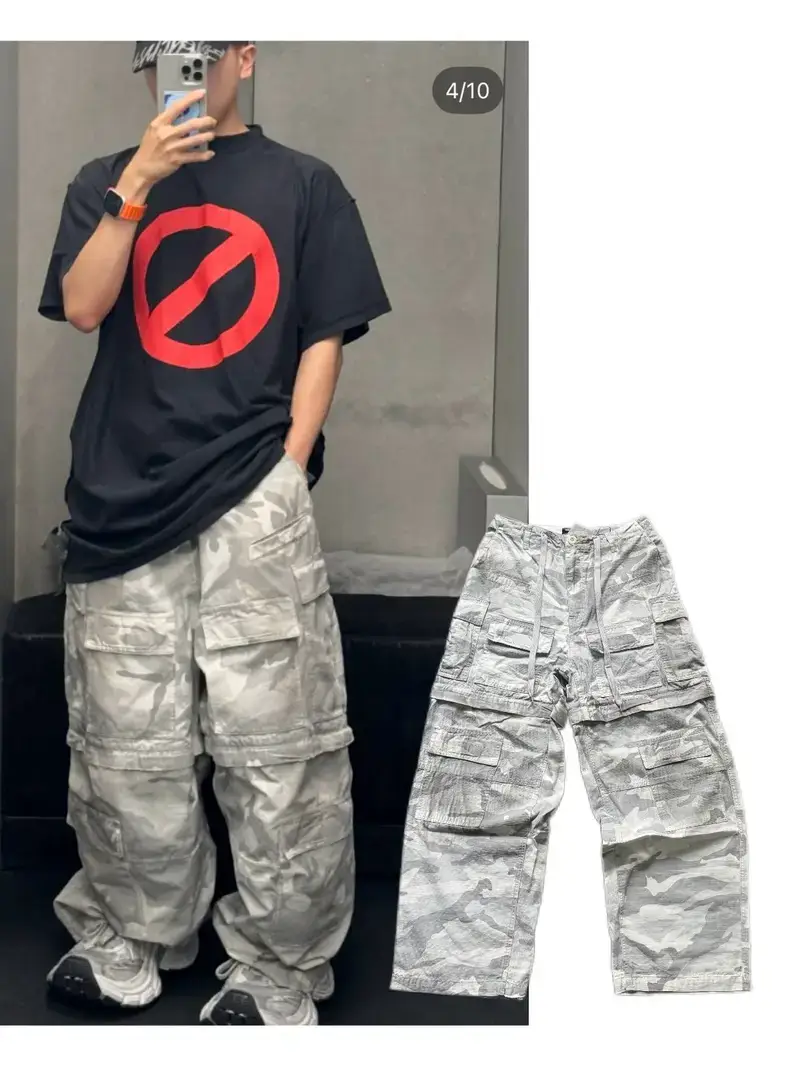 B/L Paris Heavy Industry Hand-Painted Dirty Gray and White Camouflage Cargo Loose Cargo Pants Detachable Multi-Flap Pocket Pants Men's Pants