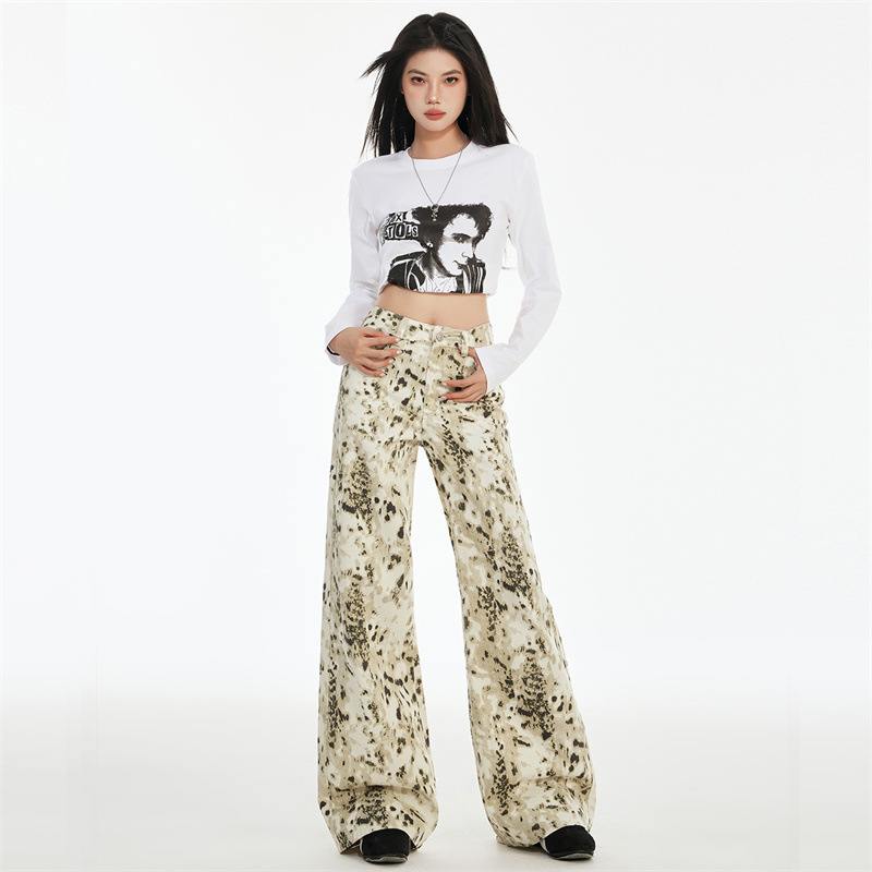 European and American Style Retro White Leopard Print Jeans Women's Laid-back Style Long Spice Girls Loose Casual Micro Wide-leg Pants