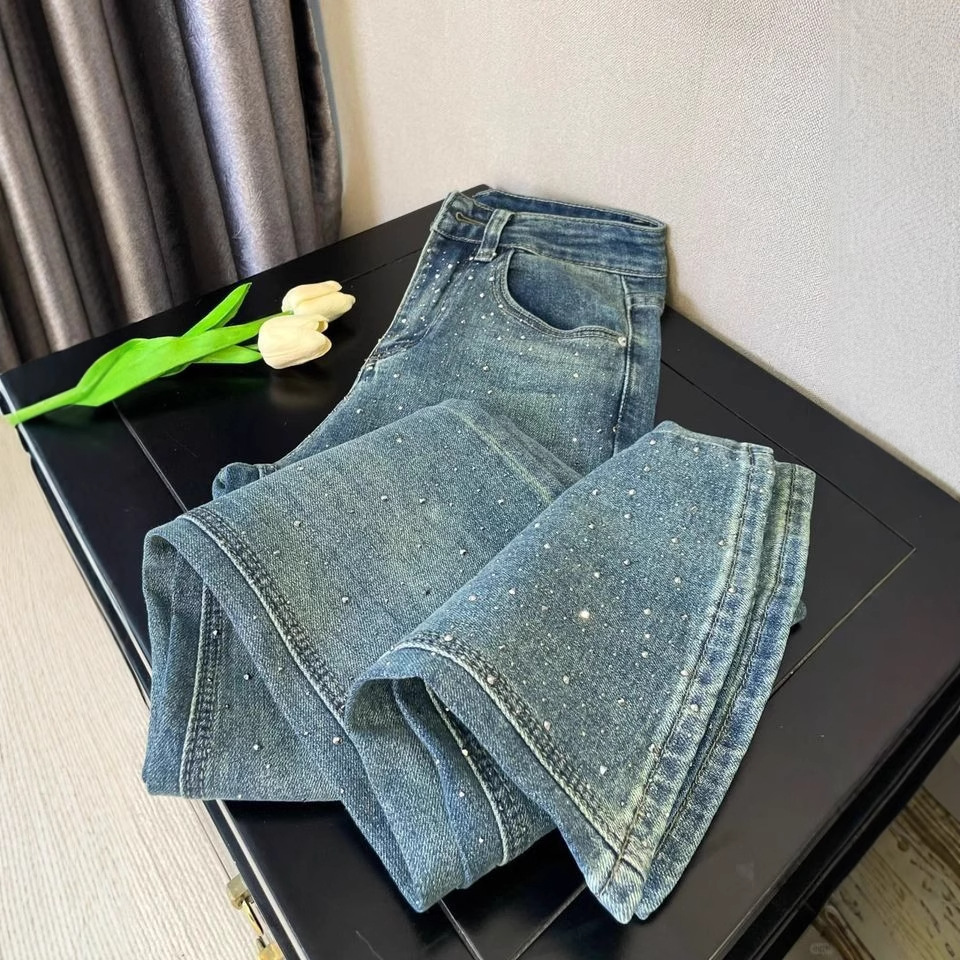 American Retro Rhinestone Jeans for Women Y2K High Street Design High-Waisted Straight Loose Versatile Floor-Length Pants Trendy Foto QC de 1688 na Qualit.ly