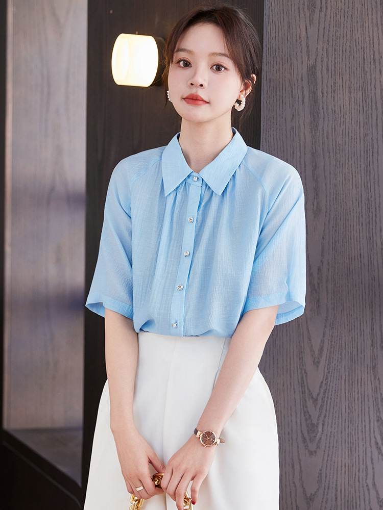 Summer Blue Short-Sleeved Shirt Women's Shirt Summer Wear 2025 New Style Simple Fashion Casual Elegant Slim Top