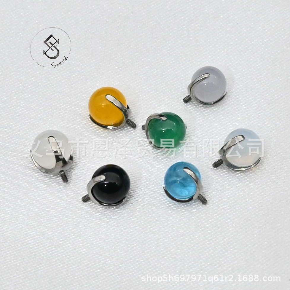 SMTNEK ASTM F-136 Implant Grade Titanium Alloy Teeth 0.9mm Three Claw Inlaid Natural Stone Crystal Lip Nail