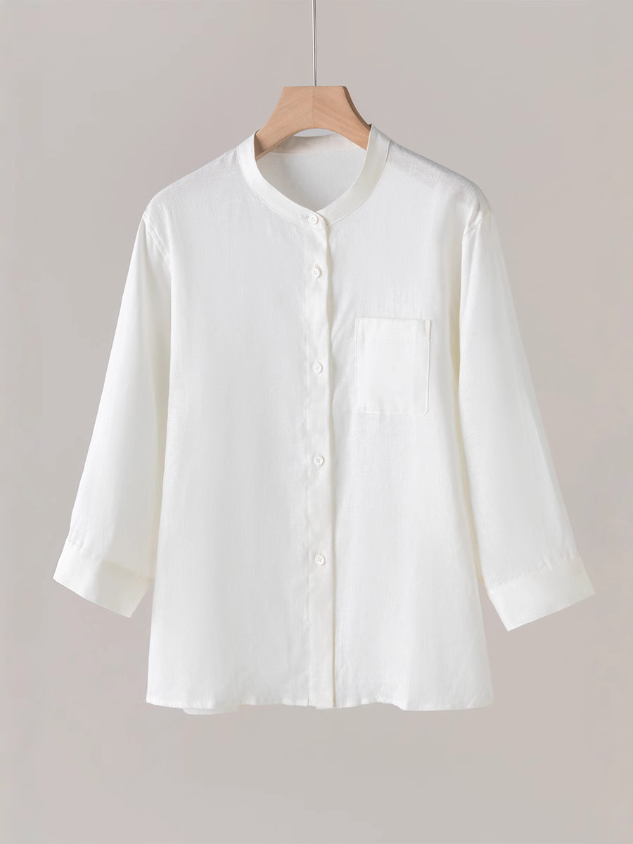2025 Spring New Arrival Linen Shirt Women's Seven-Sleeve Commuter White Shirt Loose Collar Japanese Style Simple Top