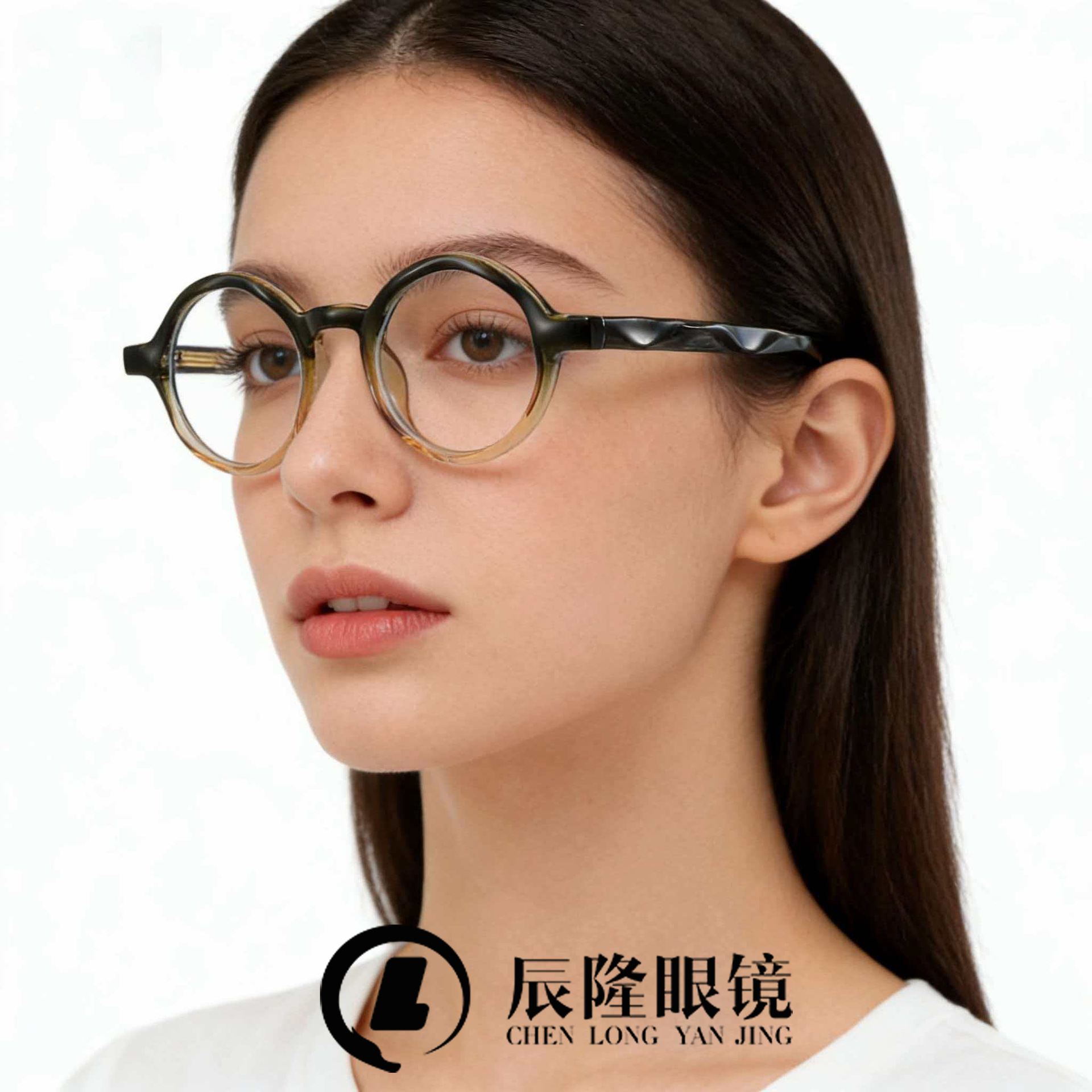 Gradient Retro Japanese-Style Round Frame Non-Prescription Eyeglass Frame for Men and Women 8664 Imitation Acetate Wave Pattern Anti-Blue Light Myopia Glasses Frame